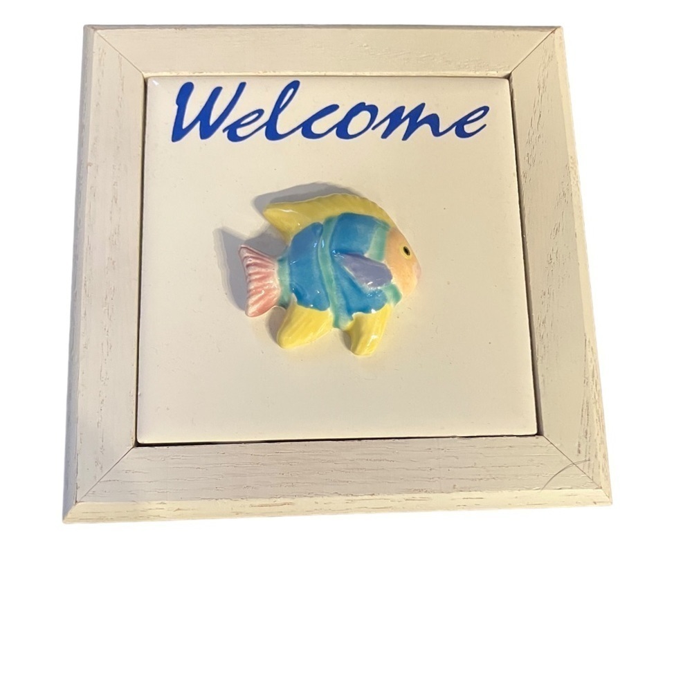 Framed Ceramic Welcome Painted Fish Square Sign 36” Square Blue Yellow Cream